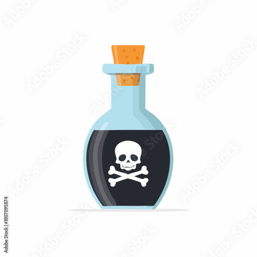 Glass bottle with dark liquid and skull and crossbones symbol for poison