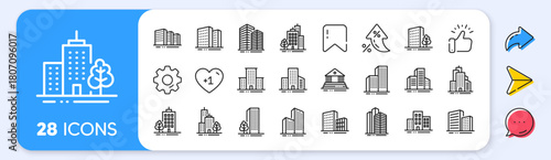 Buildings line icons. Interest rate, AI generate, Inflation icons. Bank, Hotel, Courthouse. City, Real estate, Architecture buildings icons. Hospital, town house, museum. Vector