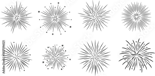 Fireworks Explosion and Starburst Vector Line Art Set, Celebration Design Elements and Sunburst Icons, Black Flat Drawing of Festive Graphic Outlines, New Year Abstract Pattern