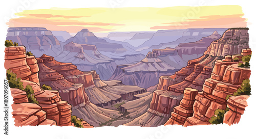 Cartoon vector illustration of the majestic Grand Canyon at sunset, showcasing the vast landscape of layered rock formations and deep valleys.