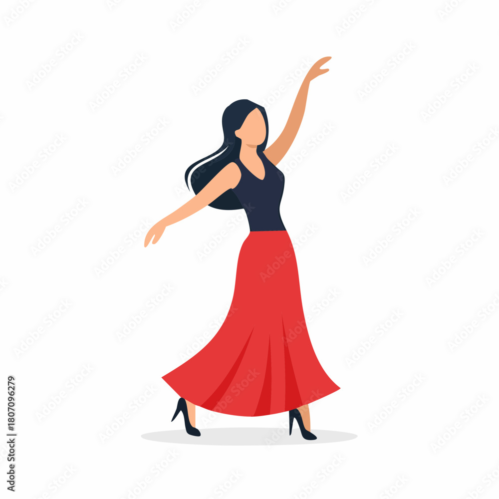Naklejka premium Elegant woman in flowing red skirt dancing with arms raised gracefully