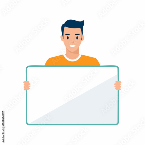 Man holding up a blank white sign for message or information, presentation concept