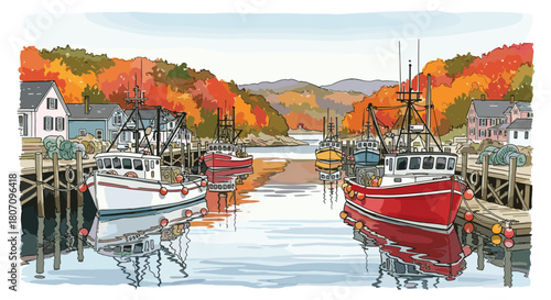 Colorful fishing boats are moored in a tranquil harbor of a charming New England village during the peak of autumn foliage.