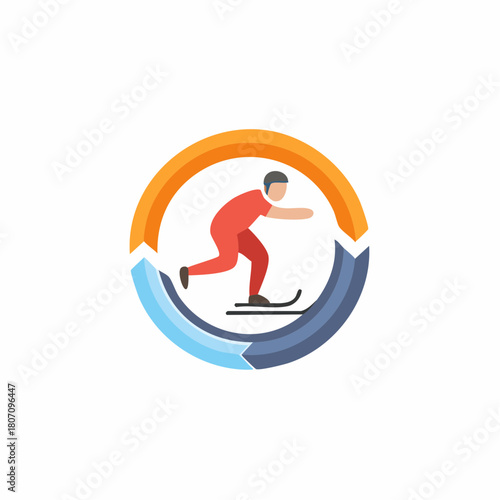 Abstract illustration of a skier inside an arrow circle promoting sport competition.