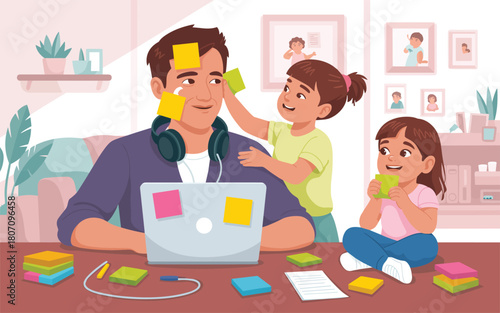 Father and daughters sticky note fun at home while dad works remotely