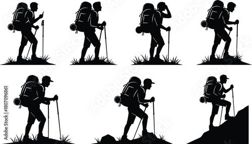 Hiker Backpacker with Trekking Pole Vector Silhouette Set, Outdoor Adventure Traveler and Sport Icons, Black Flat Drawing of Nature Walking and Exploration Graphic Elements Design