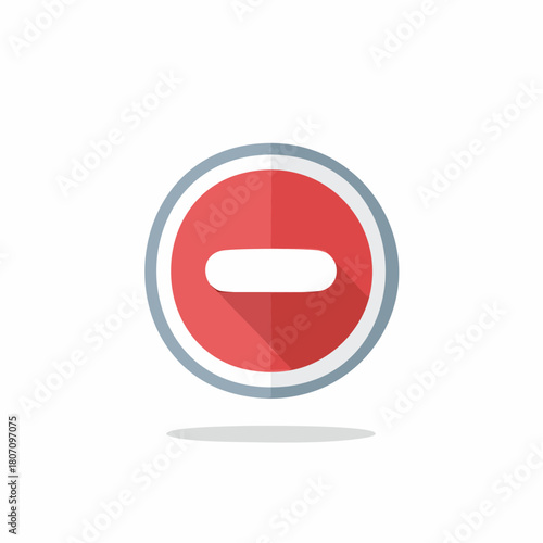 Red circular stop sign with white horizontal bar symbol flat icon with long shadow