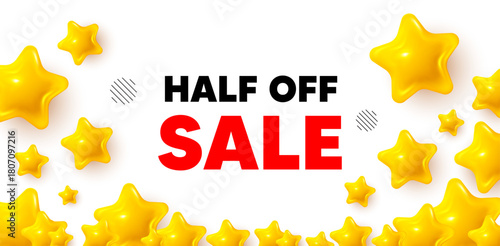 Half off sale winner banner with 3d stars. Golden stars banner. Half off sale. Special offer price sign. Advertising discounts symbol. Review rate background. Vector