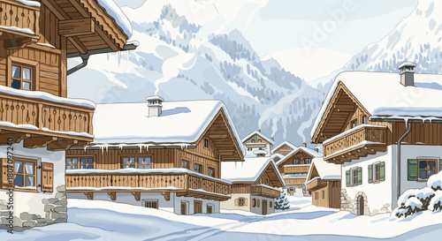 Cozy alpine village scene with snow-covered wooden chalets and smoking chimneys nestled in a peaceful, mountainous winter landscape.