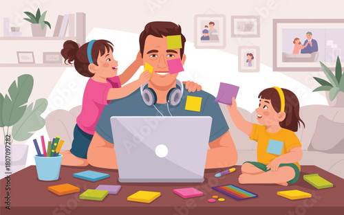 Father working from home with kids, remote work challenges