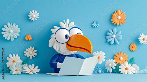 Cheerful, big-eyed cartoon bird with bright orange beak engrossed in reading book amidst whimsical display of colorful 3D white, blue, and orange flowers on textured light blue background, creating pl