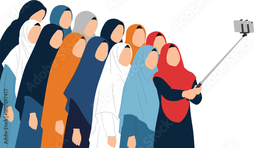 Group of diverse Muslim women wearing colorful hijabs taking a selfie together, modern flat vector illustration representing unity, friendship, and community.