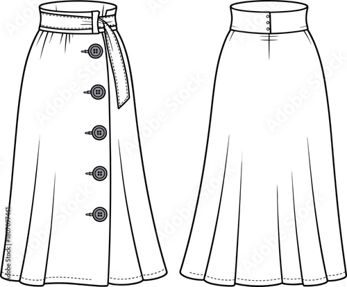Women's skirt technical sketch, front back view, high waist, A-line silhouette, pleated design, button detail, belt tie, fashion illustration, garment template, vector line art