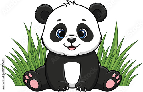 Adorable Baby Panda Vector Illustration Sitting Happily in Green Grass, Perfect for Children's Book Characters, Wildlife, Cute Animal, and Educational Graphics