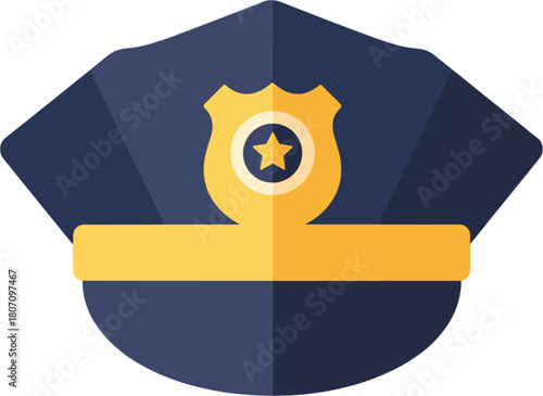 Police Officer Cap Vector Illustration with Gold Badge and Star Symbol, Representing Law Enforcement, Authority, Security, and Public Service Iconography