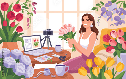 Florist Creating Tulip Bouquets and Filming Content for Social Media