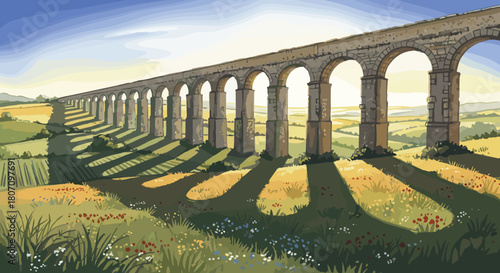 Impressive ancient Roman aqueduct casts long shadows across a picturesque landscape of fields and wildflowers at golden hour.