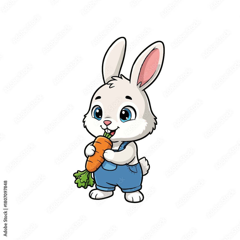 Fototapeta premium Cute Cartoon Rabbit Eating a Carrot in Blue Overalls