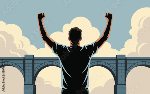 Man with arms raised in victory in front of a bridge with a cloudy sky