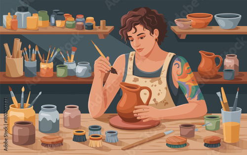 Artist meticulously painting pottery in a well-lit, creative studio environment