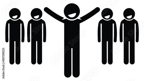 Stick Figure with Arms Raised Among Colleagues: Team Success Illustration                                                                             