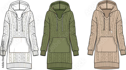 Flat vector illustration of hooded sweater design, fashion sketch, knitwear garment, hoodie front view, clothing template, textile concept art