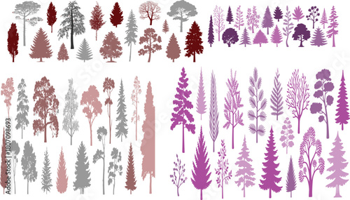 Collection of diverse tree silhouette vectors for nature design, forest illustrations, botanical elements, landscape graphics, environmental projects, decorative artwork, digital use