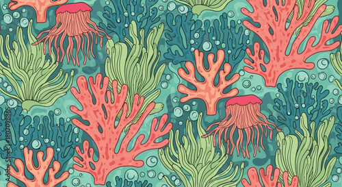 Vibrant underwater seamless pattern featuring hand-drawn pink jellyfish, colorful coral reefs, and various green seaweeds on a teal background.