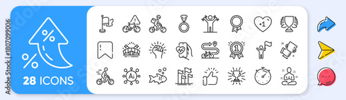 Timer, Cardio training and Winner cup line icons. Interest rate, AI generate, Inflation icons. Pack of Flags, Flag, Success icon. Dumbbells workout, Medal, Delivery bike pictogram. Vector