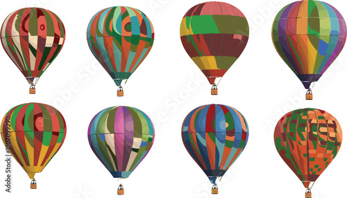 Colorful hot air balloon collection, vibrant striped balloon set, realistic air balloons isolated, travel adventure festival decoration illustration
