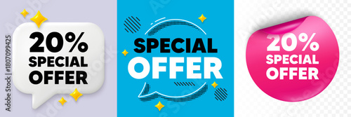 Discount speech bubble. 3d sparkles chat, Paper sticker. 20 percent discount offer tag. Sale price promo sign. Special offer symbol. Special offer bubble. Halftone dots pattern. Vector