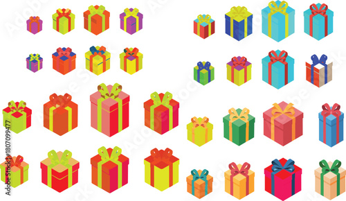 Colorful isometric gift box collection with decorative ribbons, festive presents, holiday packaging icons for celebration, birthday, Christmas, party and seasonal designs