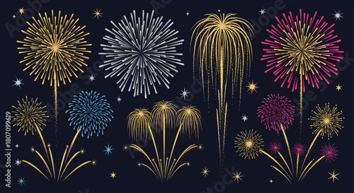 Colorful festive fireworks collection exploding against a starry night sky, perfect for celebrating holidays, parties, and special events.