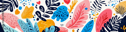 Vibrant and abstract botanical pattern featuring array of stylized leaves, organic shapes, and playful dots in lively color palette of pink, blue, yellow, and dark blue on clean white background, evok