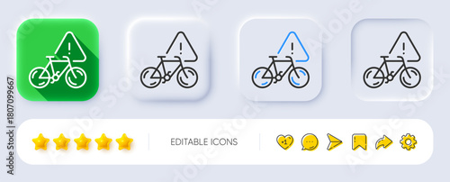 Bike attention line icon. Neumorphic, Flat shadow, 3d buttons. City bicycle transport sign. Velocipede warning symbol. Line bike attention icon. Social media icons. Vector