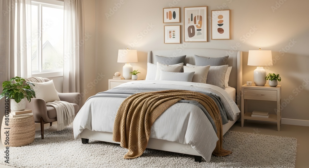 Fototapeta premium Elegant bedroom interior with bed bedside tables artwork and window