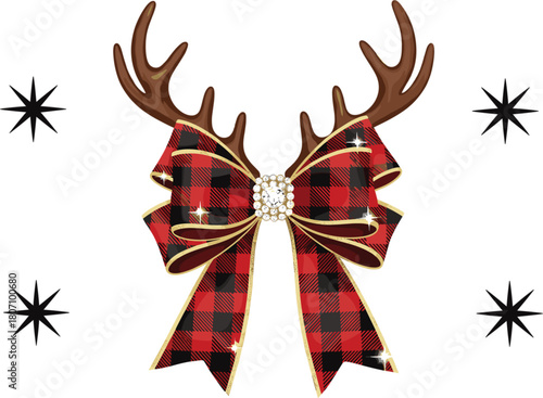 Rustic Glam Christmas Vector: Reindeer Antlers Decorated with a Sparkly Red and Black Plaid Flannel Bow and Diamond Center, Ideal for Cozy Holiday Graphics