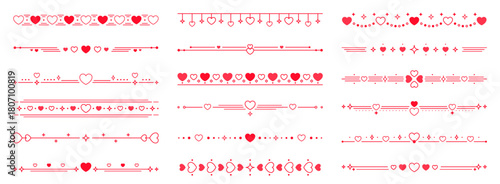 Heart dividers and borders for Valentines day decorations. Love holiday linear vector separator lines, romantic outline underline spacer. St Valentine day dividers or frame borders set with hearts