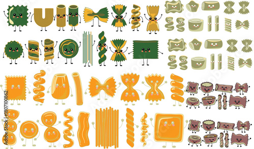 Cute kawaii pasta characters illustration, adorable noodle shapes with happy faces, funny Italian food cartoon set for kids design