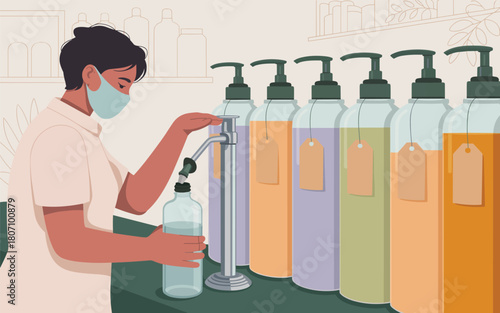 Person refilling liquid soap dispenser at a store counter with multiple dispensers