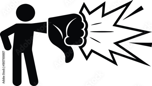 Pictogram of a person giving a thumbs down with exploding energy waves, illustrating negativity or disapproval with dynamic visual effects.           