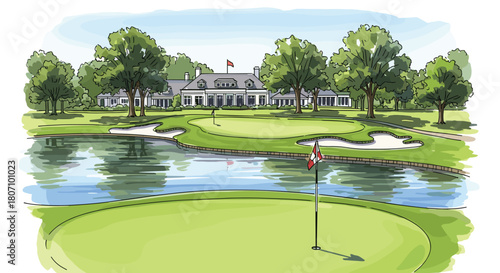 Manicured green of a beautiful golf course with a water hazard, sand trap, and a large, elegant clubhouse in the background.