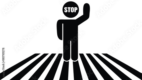 Icon of a Person with a 'STOP' Head and Raised Hand on a Zebra Crossing, Solid Black and White                                                        