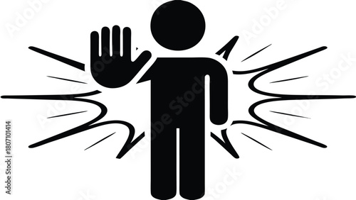 Stick Figure Raising Hand to Halt with Energy Effect, Illustrating Stop or Rejection, Isolated on White Background                                    