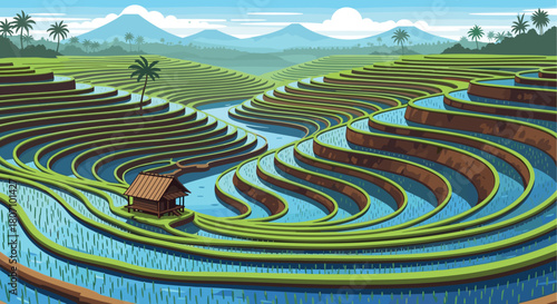 Lush and beautiful pixel art landscape of terraced rice paddy fields in an Asian countryside with mountains in the background.