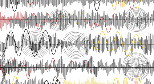 Abstract seamless pattern of colorful sound waves and audio frequencies, featuring black, red, and yellow waveforms on a white background.