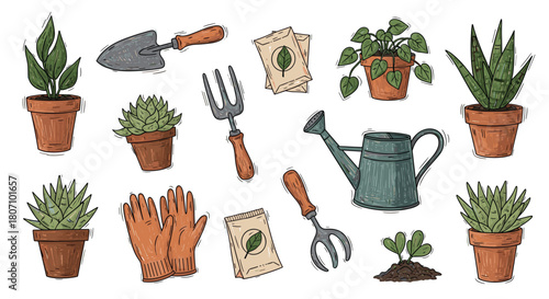 A lovely hand-drawn collection of gardening tools and house plants, including a trowel, fork, watering can, and various succulents.