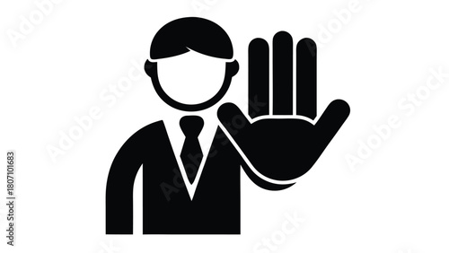 Black and white icon of person in suit with raised hand signaling stop or warning, isolated on a white background.                                    