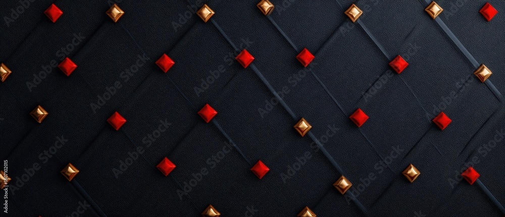Obraz premium Luxurious Black Quilted Upholstery with Gold and Red Diamond Studs