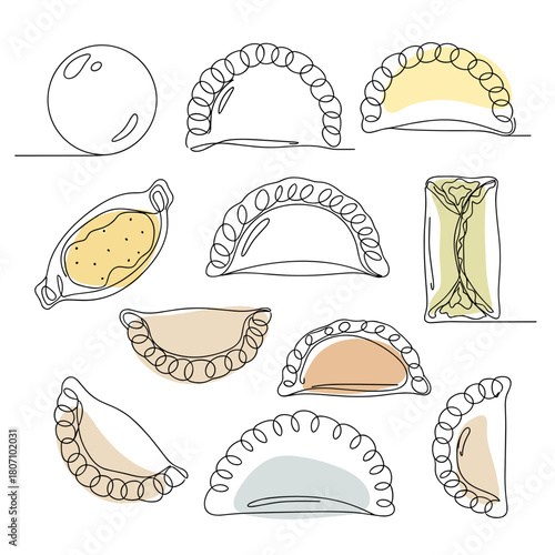 variety of dumplings in line art style with pastel fills for restaurant menus, cooking blogs, culinary presentations, and food packaging design